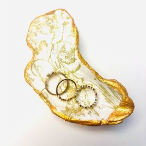 Handcrafted Oyster Shell Ring Dish W/ Gold Angel Botanical Decoupage Design.